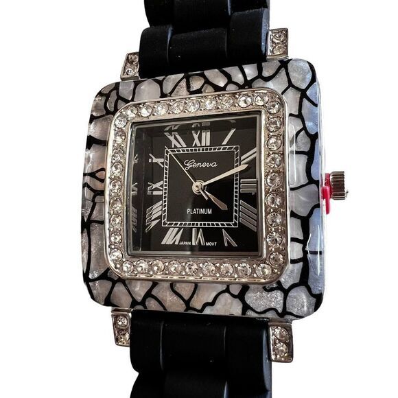 GENEVA‎ PLATINUM 6880 Women's Watch Roman Numerals Black Silicone Band Crystals